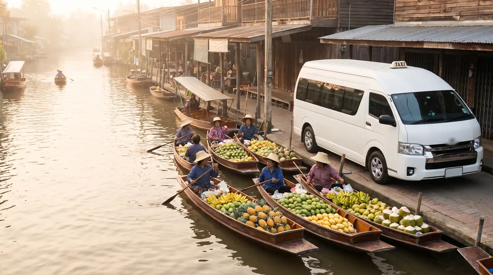 Fruit boats on the canal at Damnoen Saduak in early light, a van taxi parked on the canal-side lane