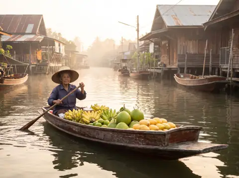 A fruit vendor paddles her boat on the canal at Damnoen Saduak in the early morning